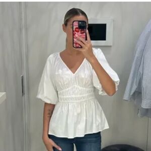 White House Black Market White V-Neck Smocked Peplum Blouse
